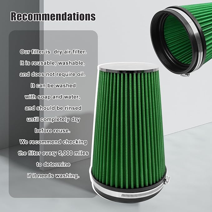RYANSTAR RACING 152mm 6" High Flow Round Tapered Cone Closed-Top Washable Clamp-On Dry Air Filter Long 265mm tall Green