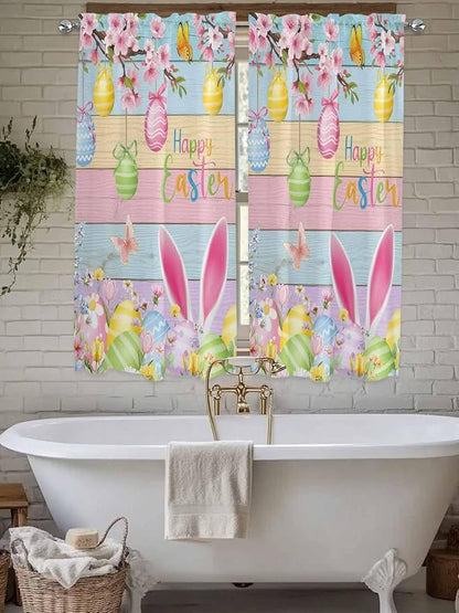 Colorful Easter Living Room Curtains 72 Inches length, Spring Watercolor Bunny Egg Flower Wood Grain Window Treatment Curtain Drapes, Light Filtering Drapes for Bedroom Laundry Room, 52"x72", 2 Panels