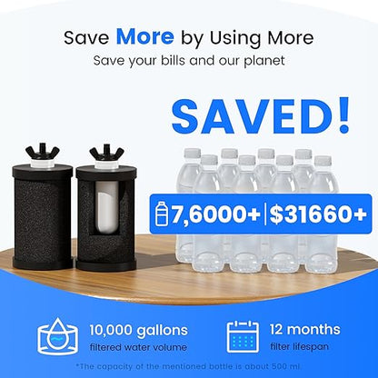 Purewell Square Series 3-Stage Gravity Fed Water Filter System with Smart Timer, Stainless Steel Countertop System with Water Level Window, 2 Upgraded Filters and Stand, Reduce 99% Chlorine, SQ-2.25G