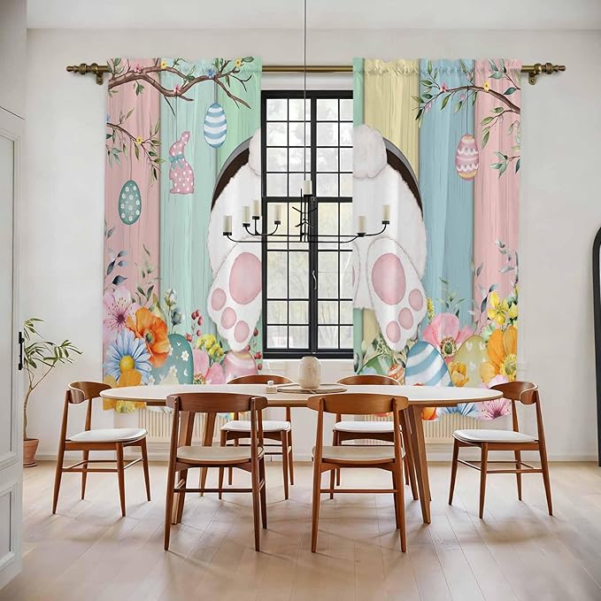 Easter Window Curtains 72 Inch Long 2 Panel Set, Rod Pocket Long Curtains & Drapes, Spring Colorful Bunny Eggs Flower Wood Grain Light Filtering Window Treatment for Bedroom Living Room 52"W x 72"L