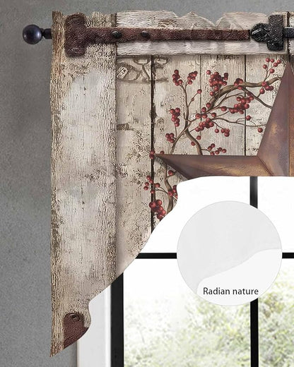 Country Star Swag Kitchen Curtains Valance and Tier Set, VintageRust Yellow Star Berry Beige Barn Gate Light-Filtering Swag Valance, Rod Pocket Short Curtain for Bedroom Cafe, 56x36 inches