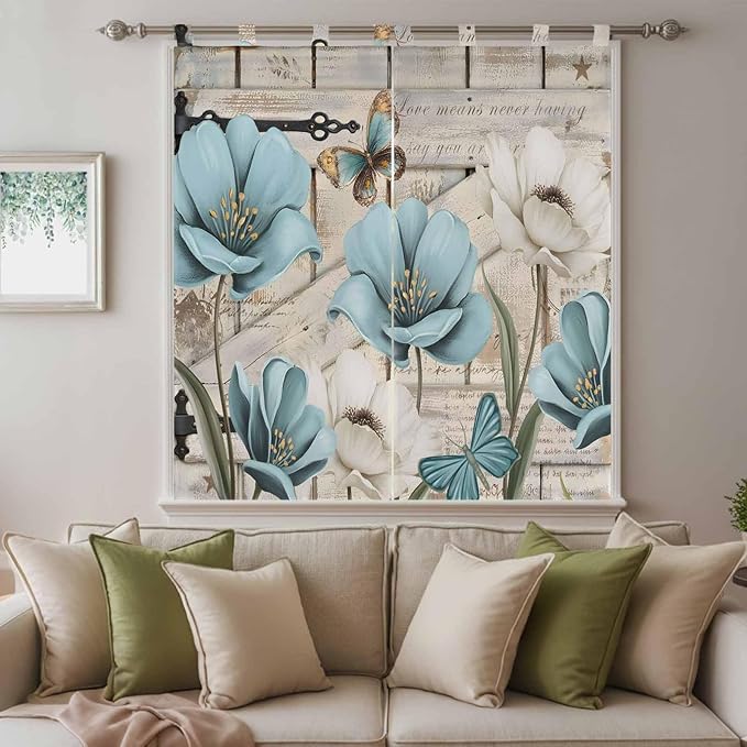 Teal Blue Tulips Living Room Curtains 84 Inch Length, Window Curtains Tab Top, Spring Floral Barn Doors Vintage Wood Beige Light Filtering Window Treatments Drapes 42"x84" 2 Panel