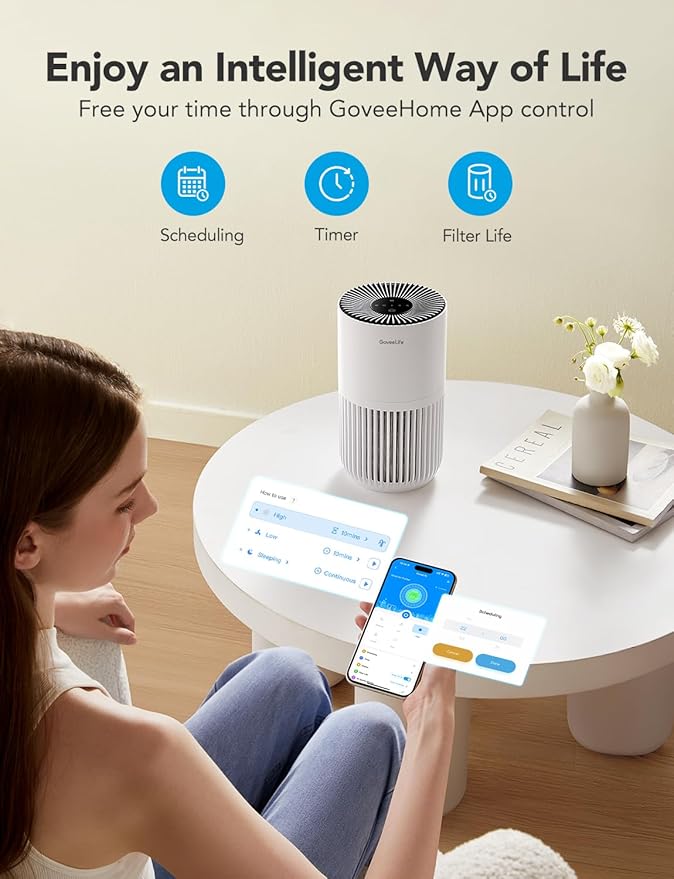 GoveeLife Mini Air Purifier for Bedroom, Smart Filter Air Purifier with App Alexa Control for Pet Hair, Odors, Pollen, HEPA Portable Air Cleaner with 3 Speeds, 2 Modes, Timer, Aroma for Home