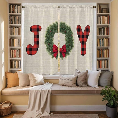 Red Green Christmas Window Curtains 63 Inch Long 2 Panel Set, Rod Pocket Bedroom Curtains & Drapes, Farmhouse Xmas Botanical Winter Light Filtering Window Treatment for Living Room 42"W x 63"L