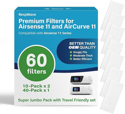 60-Pack Premium CPAP Filters Compatible with Airsense 11 & Aircurve 11 Machines, FSA or HSA Eligible, Ultra Fine Replacement with Extra Thick, High Filtration & Smooth Airflow, Travel Friendly