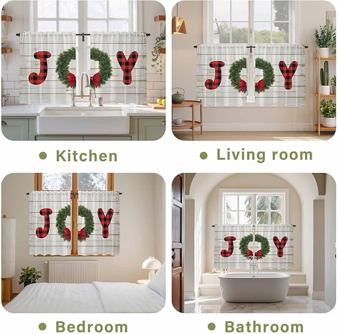 Christmas Wreaths Kitchen Tier Curtains 45 Inch Long 2 Panel Set,Rod Pocket Short Window Treatment,Winter Bow Plaid Farmhouse Wooden Grain Curtains & Drapes for Bathroom Basement 27.5"W x 45"L