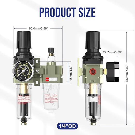 Auto Drain NPT 1/4 Air Regulator with Gauge,Air Compressor Water Separator with Accessories,Pneumatic Compressed Air Filter Pressure Oil Trap