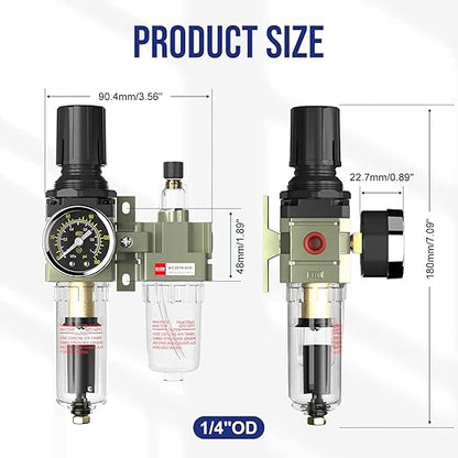 Auto Drain NPT 1/4 Air Regulator with Gauge,Air Compressor Water Separator with Accessories,Pneumatic Compressed Air Filter Pressure Oil Trap