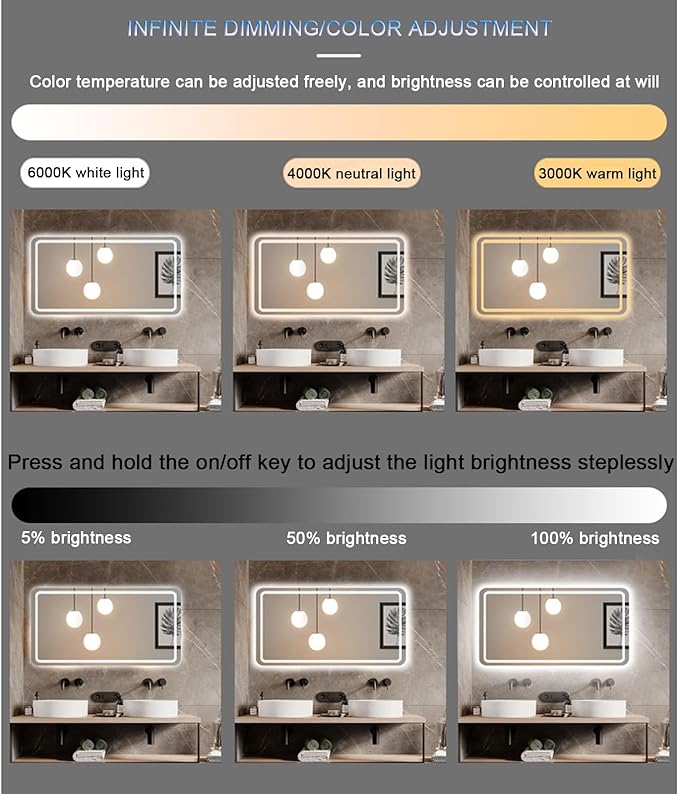 Smart Lighted Bathroom Mirror for Wall，Illuminated LED Bathroom Mirror，Lighted Bathroom Makeup，Waterproof，Shatterproof，with Touch Sensor/Dimming/Demister pad(H70*W90cm/H27.6*W35.4IN)