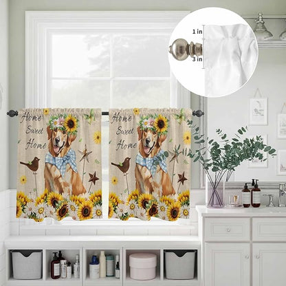 Kitchen Curtains Tiers and Valance Set of 3, Sunflowers Dog Light Filtering Window Curtain Set, Spring Watercolor Floral Stars on Linen Rod Pocket Curtain Drapes for Cafe, Living Room, 24 Inches Tiers