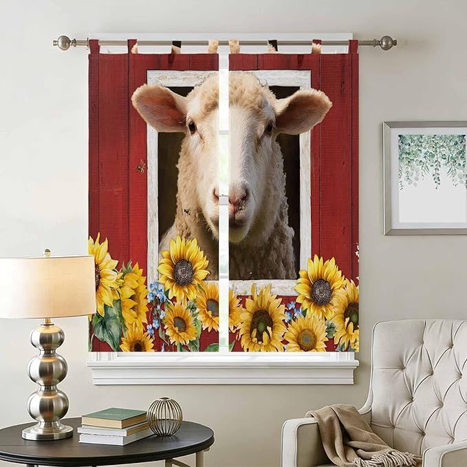 Sheep Sunflower Bathroom Curtains 63 Inch Length, Window Curtains Tab Top, Country Red Farm Barn Spring Flowers Light Filtering Window Treatments Drapes 52"x63" 2 Panel