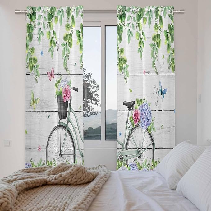 Spring Kitchen Curtains, Bicycles Botanical Rose Leaves Butterfly Wood Grain Light Filtering Window Curtain Panels, 2Pcs Rod Pocket Window Treatments Set for Living Room Bathroom Bedroom 52x72 Inches