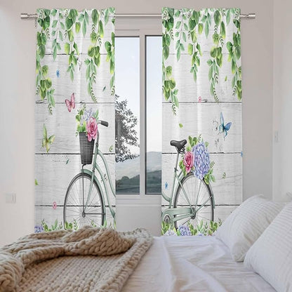 Spring Kitchen Curtains, Bicycles Botanical Rose Leaves Butterfly Wood Grain Light Filtering Window Curtain Panels, 2Pcs Rod Pocket Window Treatments Set for Living Room Bathroom Bedroom 52x72 Inches