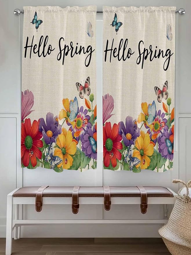 Spring Flowers Bedroom Curtains 63 Inches length, Farmhouse Vintage Country Colorful Floral Window Treatment Curtain Drapes, Rod Pocket Curtain Panels for Living Room Kitchen, 42"x63", 2 Panels