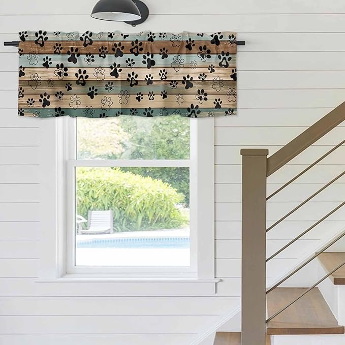 Dog Paws Valances for Windows, Teal Brown Wood Grain Kitchen Valance Light Filtering Rod Pocket Short Curtains for Kitchen Bathroom, 1 Panel, 54"x18"