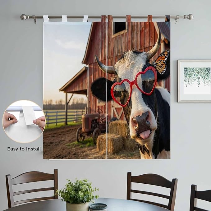 Farm Cows Bedroom Curtains 72 Inch Length, Window Curtains Tab Top, Farmhouse Barn Funny Animals Butterfly Light Filtering Window Treatments Drapes 52"x72" 2 Panel