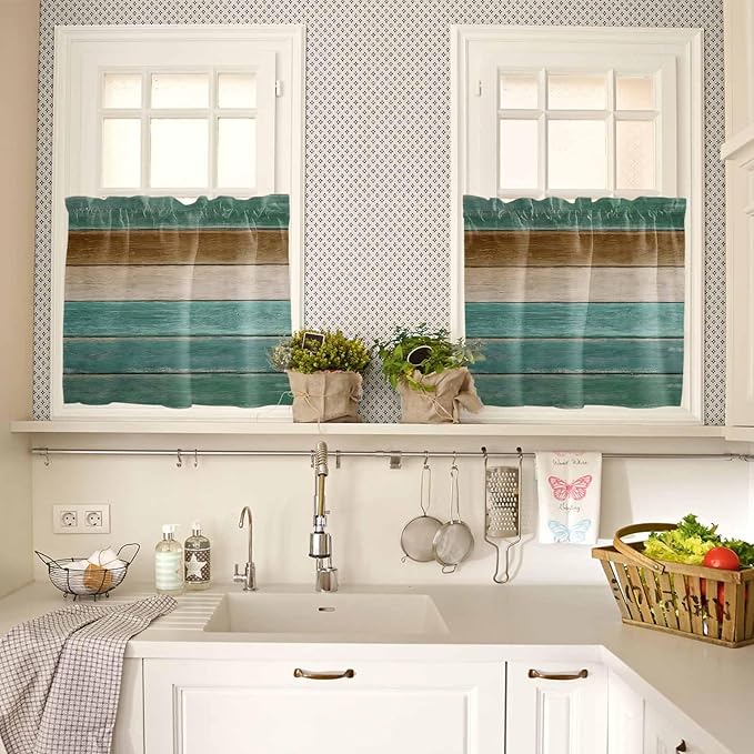 Vintage Plank Turquoise Brown Window Valance Curtains, Farmhouse Wood Grain Light Filtering Kitchen Valance with 3-inch Rod Pocket for Living Room Bathroom Bedroom,2 Panel,27.5x24In