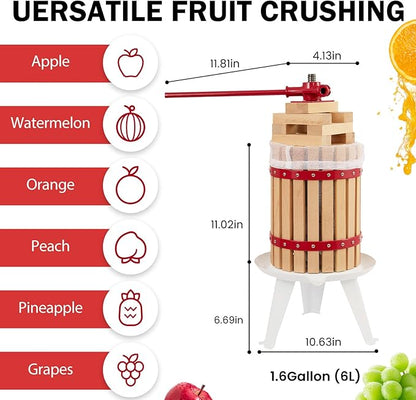 CAELUM Fruit Wine Press, 1.6 Gallon Wood Fruit and Cider Press Squeezer With T-Handle, Juice Maker, Wine Making Press Squeezer for Outdoor, Kitchen（Red）