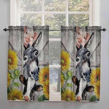 Farmhouse Kitchen Curtains 45 Inches length, Vintage Sunflowers Animals Printed Wood Grain Window Treatment Curtain Drapes, Lightweight Window Panels for Living Room Bedroom, 52"x45", 2 Panels