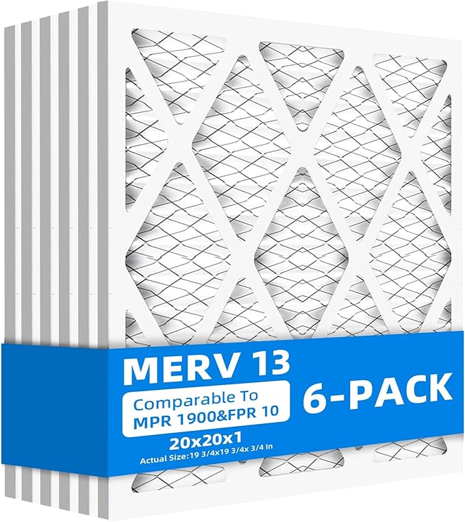 (6-Pack) 20x20x1 Furnace Air Filters, MPR 1900 & FPR 10, MERV 13 Pleated Air Filter (Actual Size: 19.75" x 19.75" x 0.75")