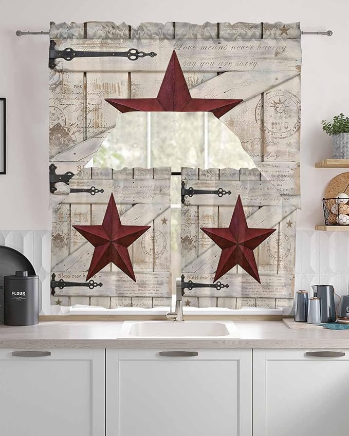 Village Stars Swag Kitchen Curtains Valance and Tier Set, Vintage Dark Red Star Beige Barn Doors Light-Filtering Swag Valance 24 Inch Length, Rod Pocket Short Curtain for Bedroom Cafe