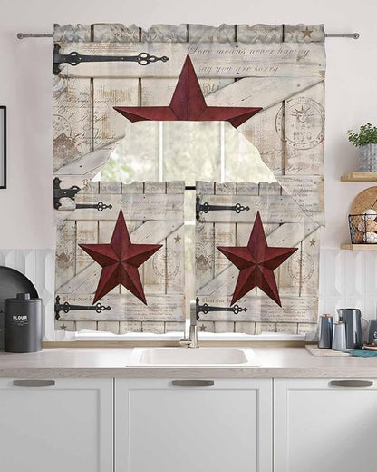 Village Stars Swag Kitchen Curtains Valance and Tier Set, Vintage Dark Red Star Beige Barn Doors Light-Filtering Swag Valance 24 Inch Length, Rod Pocket Short Curtain for Bedroom Cafe