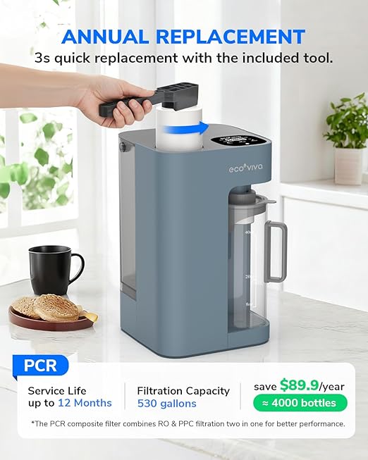 Ecoviva Mate 3 Countertop Reverse Osmosis Water Filter, 8-Stage RO Water Filtration System with 44oz Water Pitcher Smart Auto-Filling, 3:1 Pure to Drain, NSF Certified Tabletop Purifier, Blue