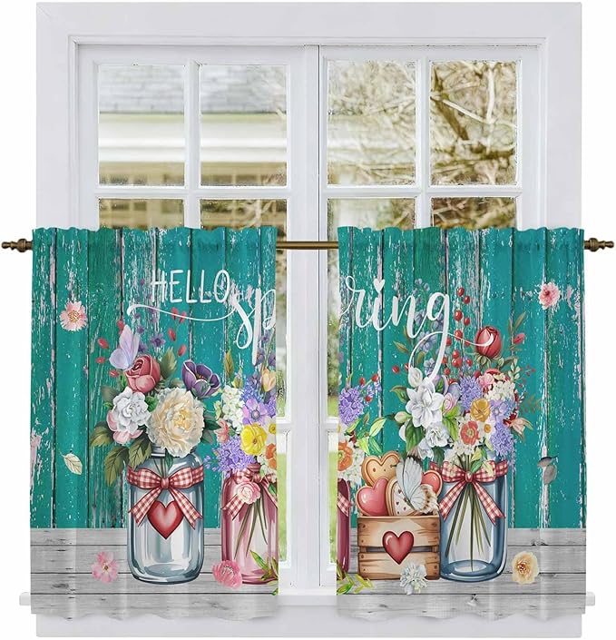 Spring Flowers Kitchen Curtains, Farmhouse Watercolor Teal Wood Grain Light Filtering Window Curtain Panels, 2Pcs Rod Pocket Window Treatments Set for Cabin Bathroom Bedroom 52x45 Inches