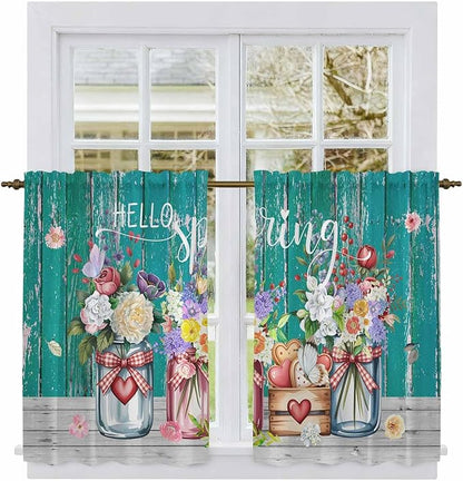 Spring Flowers Kitchen Curtains, Farmhouse Watercolor Teal Wood Grain Light Filtering Window Curtain Panels, 2Pcs Rod Pocket Window Treatments Set for Study Room Bathroom Bedroom 52x54 Inches