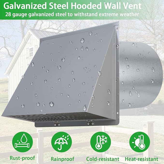 6 Inch Hooded Wall Vent with Screen and Damper,6 Inch Exhaust Vent Cover Cap for Outdoor Kitchen Range Hood Dryer Ventilation,Outside Wall Mount Extractor for House Air Exhaust, Galvanized Steel,Gray