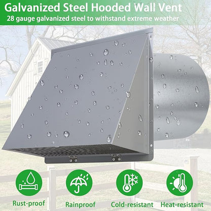 6 Inch Hooded Wall Vent with Screen and Damper,6 Inch Exhaust Vent Cover Cap for Outdoor Kitchen Range Hood Dryer Ventilation,Outside Wall Mount Extractor for House Air Exhaust, Galvanized Steel,Gray