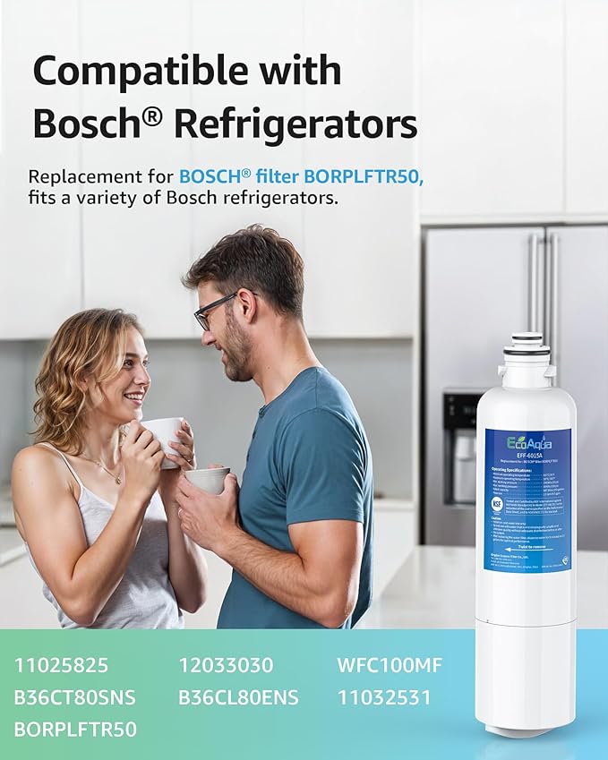 EcoAqua 11032531 Replacement for Bosch® Ultra Clarity® Pro BORPLFTR50, 12033030, 11025825, BORPLFTR55, B36CD50SNS, B36CT80SNS, B36CL80ENS, B36FD50SNS, WFC100MF, Refrigerator Water Filter, 2 Filters