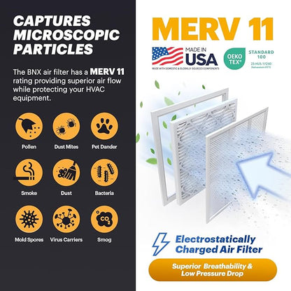 BNX TruFilter 10x10x1 Air Filter MERV 11 (4-Pack) - MADE IN USA - Allergen Defense Electrostatic Pleated Air Conditioner HVAC AC Furnace Filters for Allergies, Dust, Pet, Smoke, Allergy MPR 1200 FPR 7