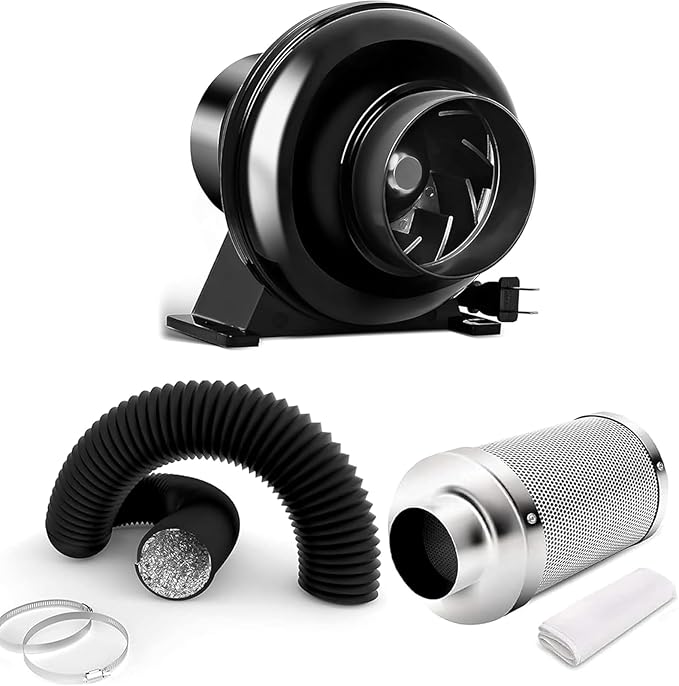 iPower 4" 195 CFM Inline Fan with Upgrade Air Carbon Filter, 8 FT Black Ducting, Ventilation System for Grow Tent, Hydroponics, Air Circulation