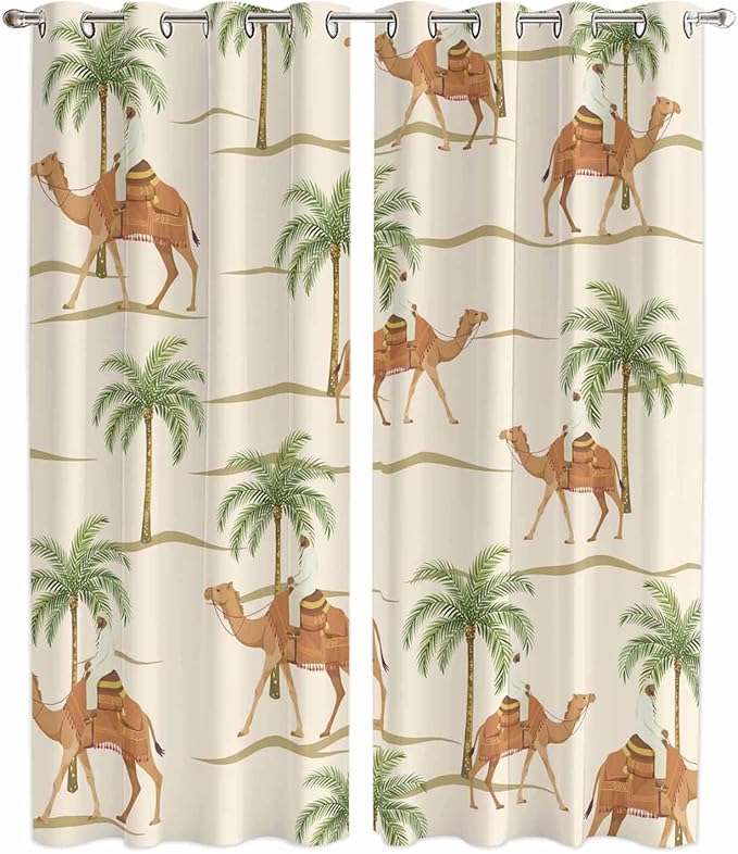 2 Panel Kitchen Cafe Curtains, Date Coconut Tree Sunlight Filtering Nature Air Through, Home Decor Window Covering Tier Curtains for Living Room 80W x 84L inch Desert Camels Botanical Tropical Beige