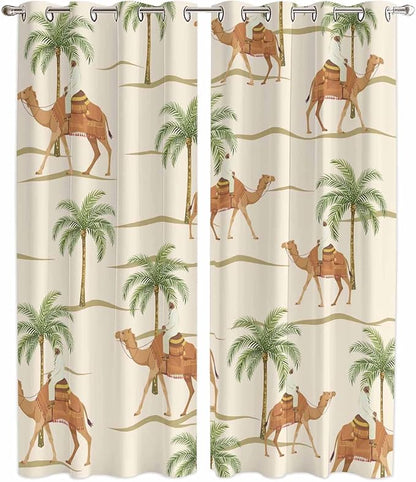 2 Panel Kitchen Cafe Curtains, Date Coconut Tree Sunlight Filtering Nature Air Through, Home Decor Window Covering Tier Curtains for Living Room 80W x 84L inch Desert Camels Botanical Tropical Beige