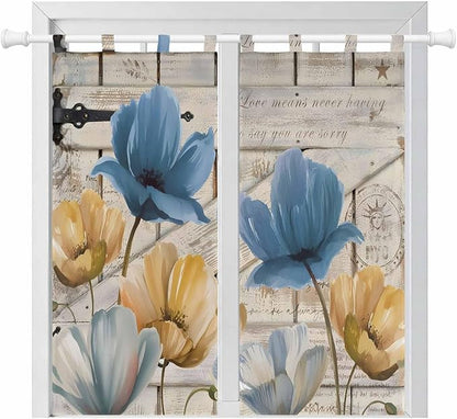 Blue Yellow Tulips Bathroom Curtains 63 Inch Length, Window Curtains Tab Top, Retro Farmhouse Flower Barn Doors Wooden Light Filtering Window Treatments Drapes 52"x63" 2 Panel