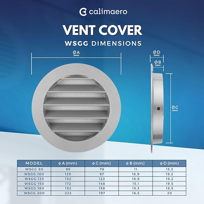 calimaero® WSGG 4" Inch Gray Round Metal Air Vent Grill Cover Flat Louver with Fly Screen Fits Only with Metal Ducts