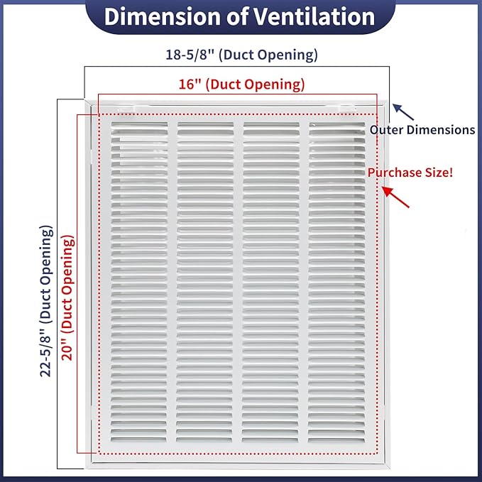 16"W x 20"H [Duct Opening Size] Steel Return Air Filter Grille - Removable Face/Door for 1 inch Filters -HVAC Vent Cover Grill - White [Outer Dimensions: 18 5/8"W X 22 5/8"H]