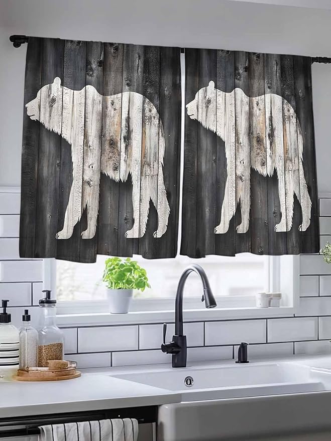 Sheer Curtains 45 Inch Length, White Brown Bear Semi Sheer Curtains Light Filtering Window Treatment, Farmhouse Country Vintage Wood Grain Privacy Voile Drapes for Living Room Bedroom 52x45 Inch