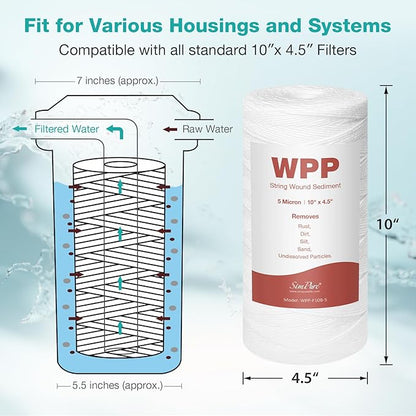 SimPure 5 Micron 10" x 4.5" String Wound Sediment Water Filter Cartridge for Well Water, Whole House Replacement Filter for Housing DB10P DB10C (10 Pack)