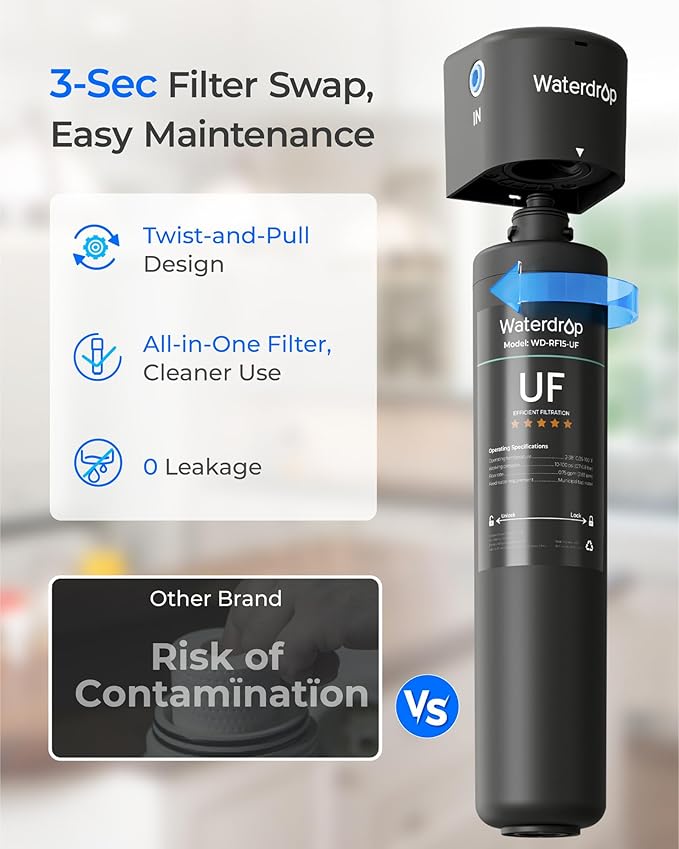 Waterdrop 15UC-UF 0.01μm Inline Water Filter for Refrigerator, 19K Gallons, In Line Water Filter for Icemaker, Idea for Ice Maker, RV, Refrigerator, 1/4 inch Direct Connect, NSF/ANSI 42 Certified