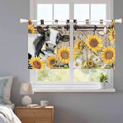 Retro Farmhouse Flower Kitchen Curtains 36 Inch Length, Small Window Curtains Tab Top, Yellow Sunflowers Cow Barn Doors Brown Light Filtering Short Window Treatments Tier Drapes 27.5"x36" 2 Panel