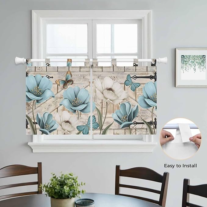 Teal Blue Tulips Kitchen Curtains 24 Inch Length, Small Window Curtains Tab Top, Spring Floral Barn Doors Vintage Wood Beige Light Filtering Short Window Treatments Tier Drapes 27.5"x24" 2 Panel