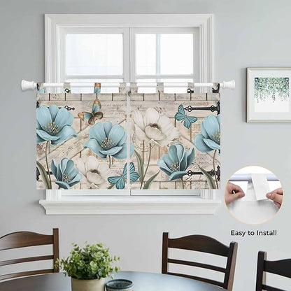 Teal Blue Tulips Kitchen Curtains 36 Inch Length, Small Window Curtains Tab Top, Spring Floral Barn Doors Vintage Wood Beige Light Filtering Short Window Treatments Tier Drapes 27.5"x36" 2 Panel