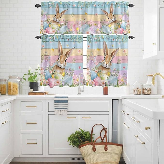 Kitchen Curtains Tiers and Valance Set of 3, Easter Light Filtering Window Curtain Set, Spring Rabbit Eggs Floral Colorful Wooden Grain Rod Pocket Curtain Drapes for Cafe, Living Room, 36 Inches Tiers