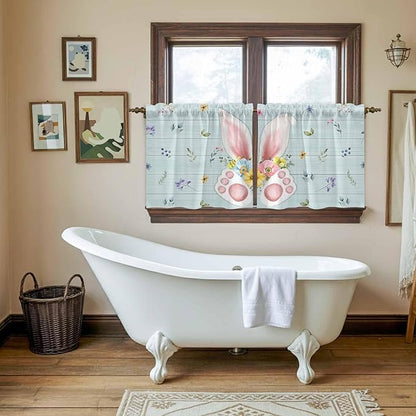 Easter Kitchen Tier Curtains 24 Inch Long 2 Panel Set,Rod Pocket Cafe Small Window Curtains Over Sink,Spring Rabbits Ears Feet Flowers Wooden Grain Light Filtering Short Drapes 27.5"W x 24"L