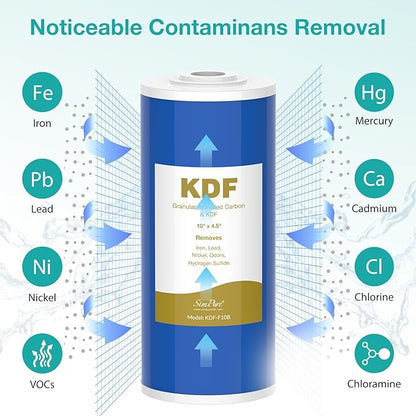 SimPure Whole House Water Filter Cartridges 10" x 4.5" GAC/KDF Carbon and Heavy Metal Filter, for DB10C-2KDF, DB10P, WGB21B-KS, FG15B-KS, GE FXHTC, GXWH40L, 6 Pack