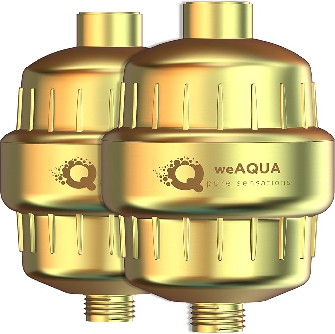 weAQUA Heavy Duty Shower Filter Family 2 PACK – 99% Removal for Hard Water, Chlorine, Fluoride, Heavy Metals, Micro-life, Organics and More (Matte Gold)