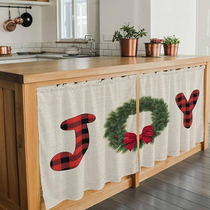 Red Green Christmas Kitchen Tier Curtains 24 Inch Long 2 Panel Set,Rod Pocket Cafe Small Window Curtains Over Sink,Farmhouse Xmas Botanical Winter Short Drapes for Bathroom Cabinet 27.5"W x 24"L